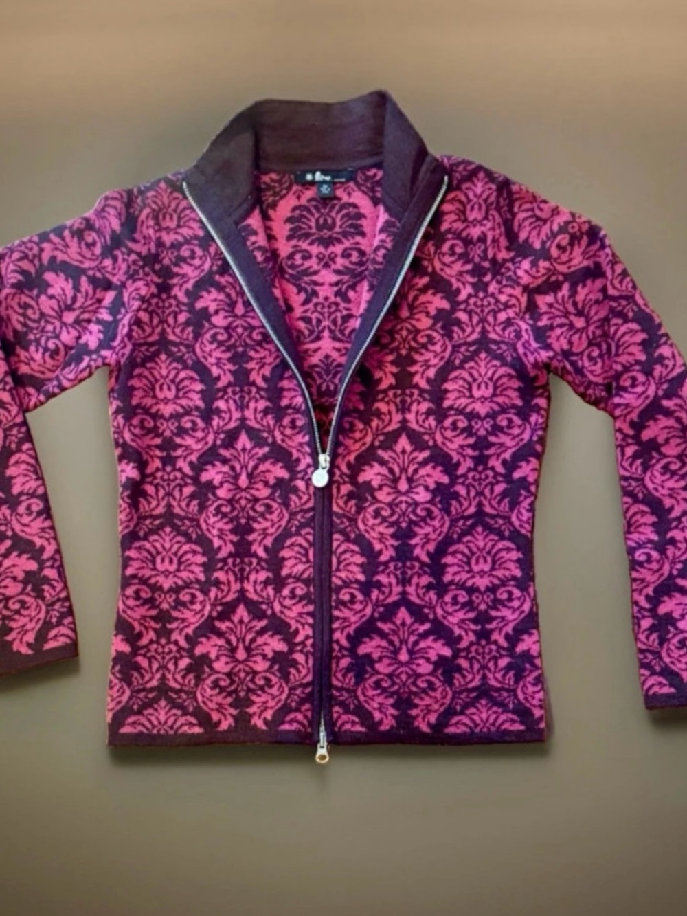 Vintage Pink /brown Damask Zip-Up sweater